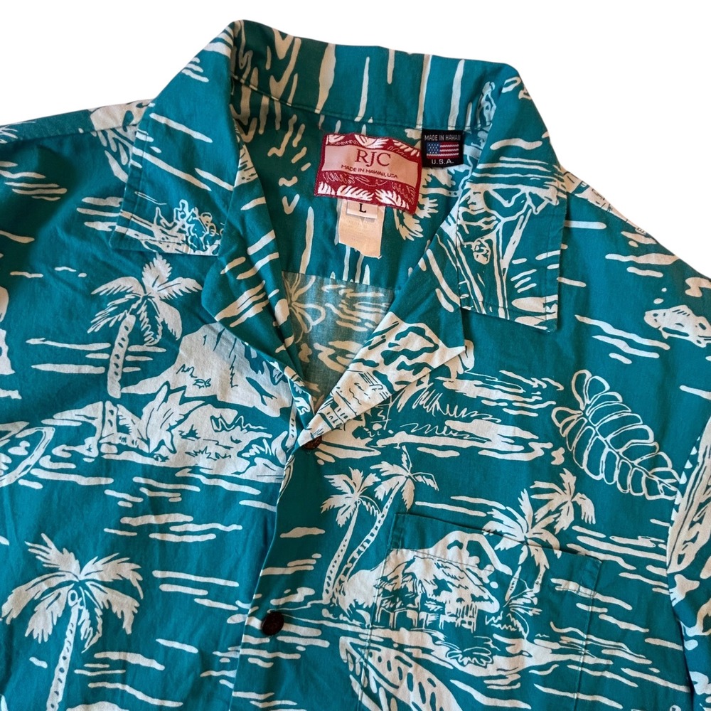 Vintage RJC Hawaiian Shirt Mens Large Teal White Island Scenic Palm Tree USA